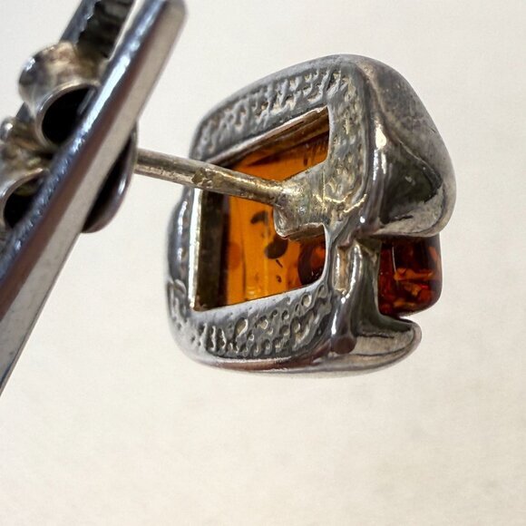 Sterling Silver Honey Baltic Amber Rectangular‎ Stud Earrings Marked - Picture 3 of 16